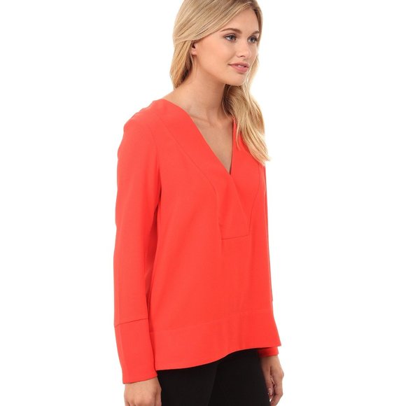 French Connection Arrow Crepe Long Sleeve V-Neck Top in Red - Picture 2 of 4